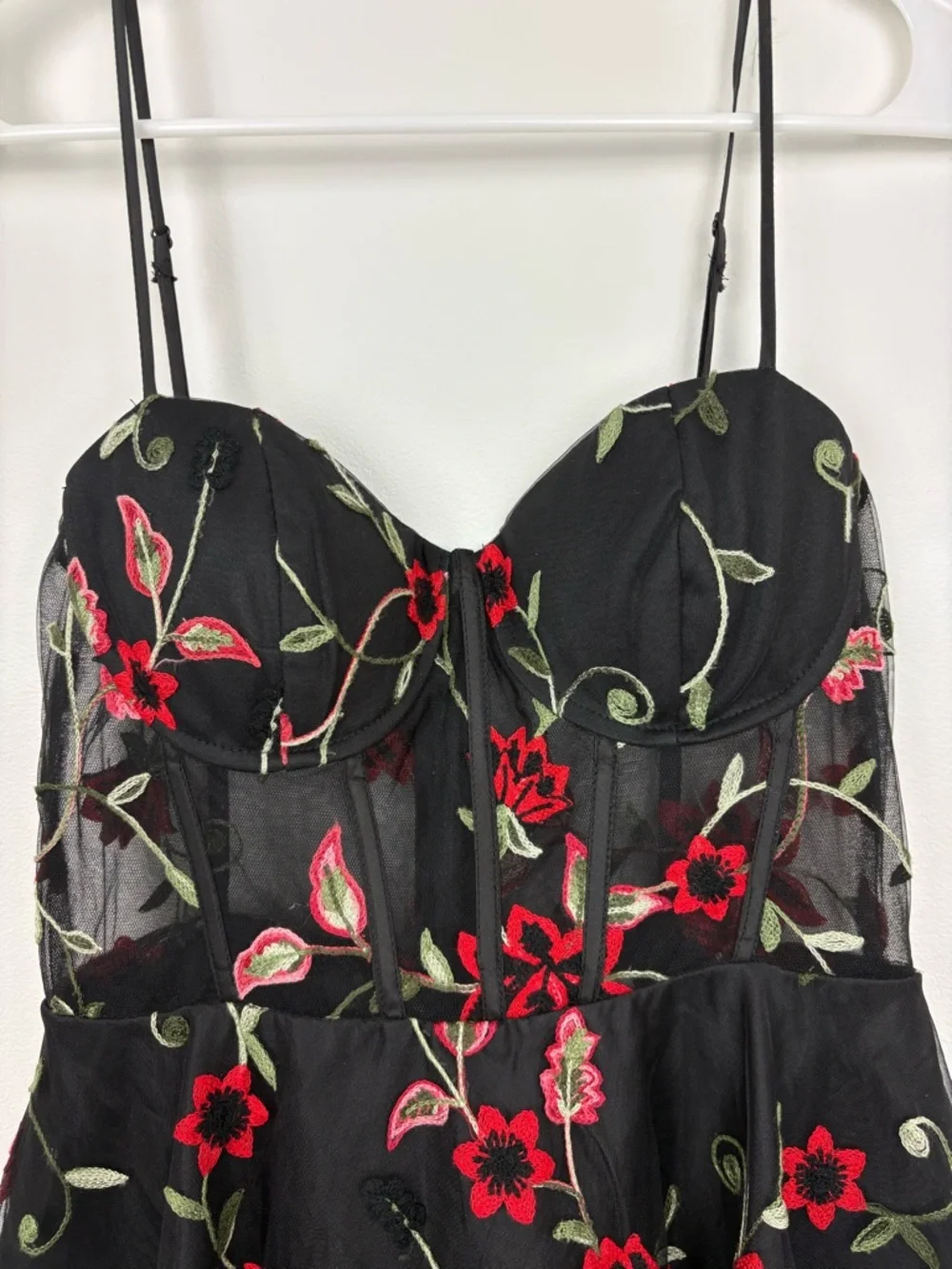 B. Darlin Black Mesh Dress w/ Red Floral Embroidery & Corset Top sz 9/10 fairy - Picture 5 of 13